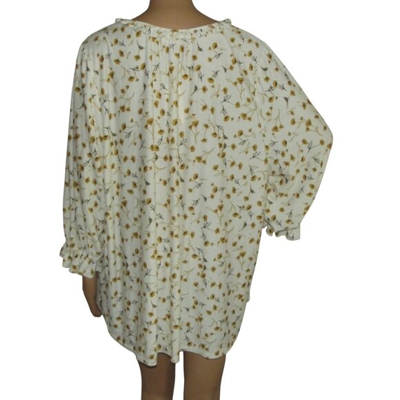 Melloday Blouse Womens Size 2X White Gold Floral Print Ruffle V-neck textured - Picture 3 of 12